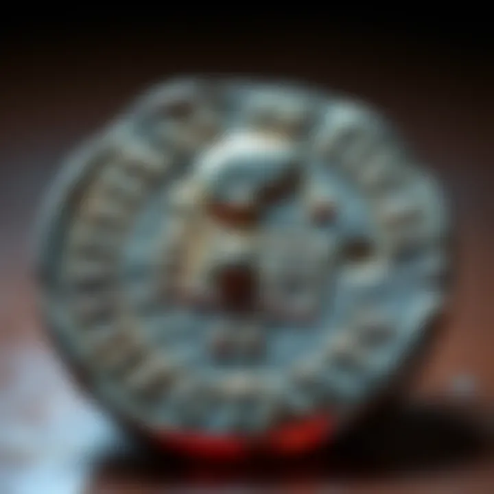 A close-up view of a Tigrannes the Great tetradrachm coin showing its unique features and notable scar.