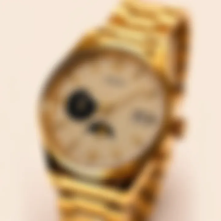 Timex 1990 Moon Phase Reissue A close-up of the Timex 1990 Moon Phase watch showing its gold-tone stainless-steel case and cream dial with day, date, and lunar cycle indicators.