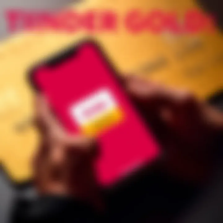 A person using a smartphone displaying the Tinder app with a highlighted Gold subscription icon, against a backdrop of a metal credit card.