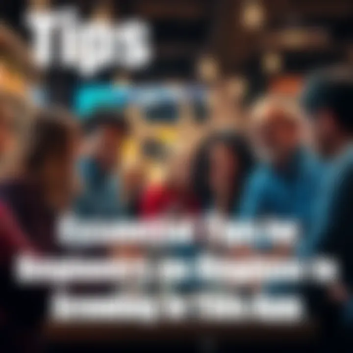 Tips for Beginners A group of diverse people sharing tips and advice for growing in an app.