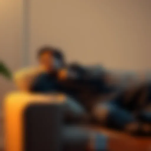 A person resting on a couch with a tired expression, reflecting feelings of fatigue and sleepiness.
