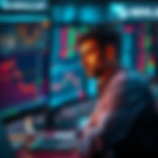 A trader looking frustrated while watching stock charts on a computer screen, displaying slow market movements