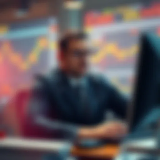 Tito Saylor at a computer, reviewing cryptocurrency charts and selling shitcoin while looking concerned about dividends