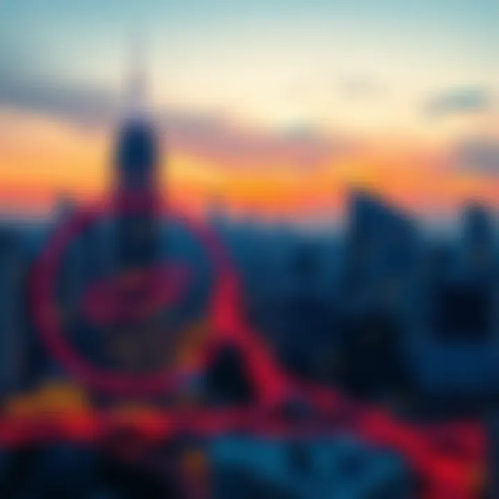 A digital representation of a city skyline with blockchain symbols overlayed, illustrating the concept of tokenizing real estate investments.