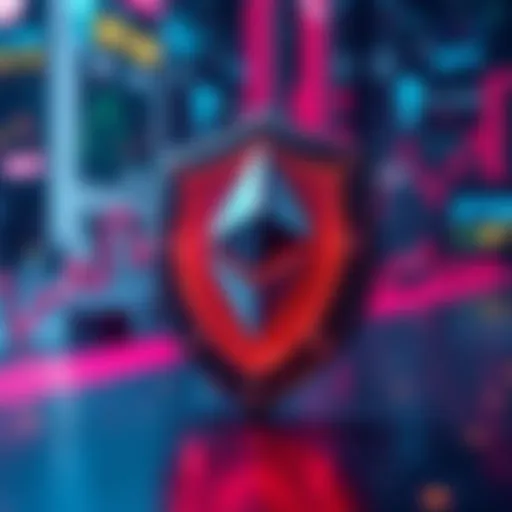 Visual representation of Ethereum tokenized assets stabilizing ETH prices during market fluctuations, showcasing a protective shield around the ETH symbol.