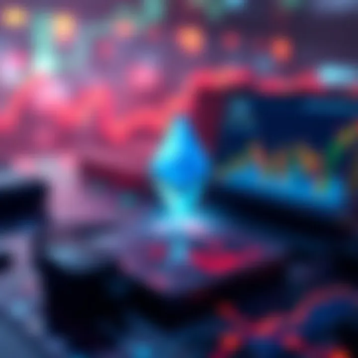 A graphic representing tokenized stocks on the Ethereum blockchain, showing digital assets and stock charts.