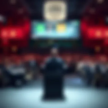 Tom Lee stands at a podium discussing cryptocurrency trends with an audience in a large conference hall