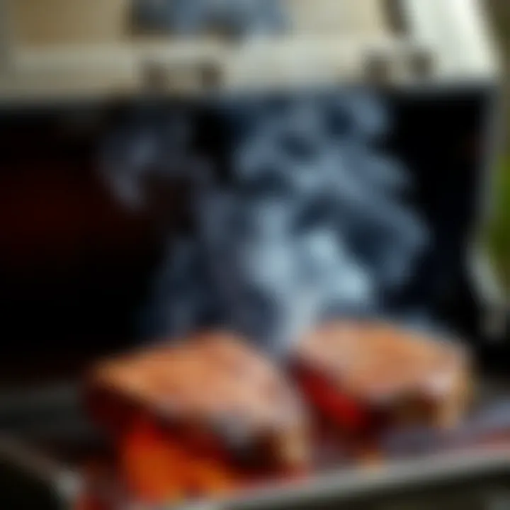 Tomahawk steak on the grill Two large tomahawk steaks being grilled on a Ninja Woodfire BBQ with smoke rising