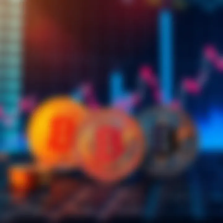 Three popular cryptocurrency coins displayed with a downward trend graph in the background