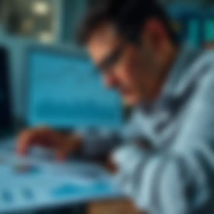 A person analyzing charts and financial documents to track investment gains for tax purposes
