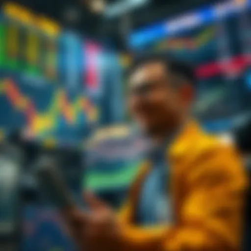 A trader smiles while looking at stock charts, reflecting on their decision to sell due to market volatility.