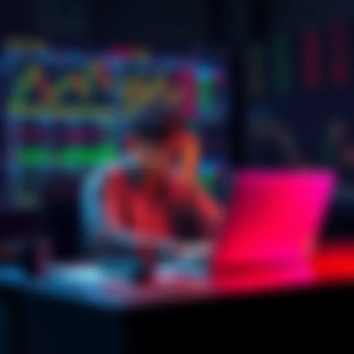 A trader sitting at a desk with a laptop, looking distressed while reviewing financial charts showing losses in cryptocurrency trading.