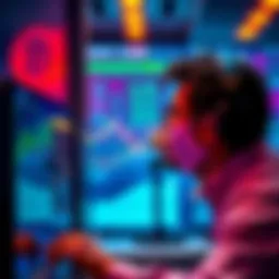 A trader looking at a computer screen with Dogecoin graphics, contemplating a new investment