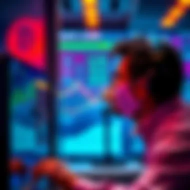 Trader exchanging Dogecoin A trader looking at a computer screen with Dogecoin graphics, contemplating a new investment