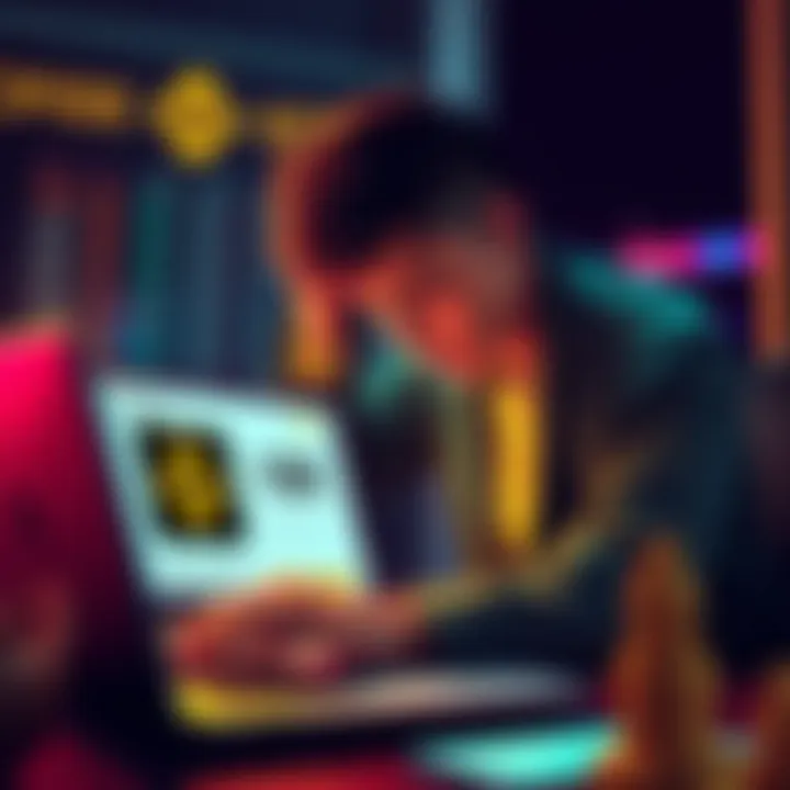 A trader holding their head in frustration while looking at a laptop showing Binance's Together Initiative, symbolizing financial loss and customer support issues.