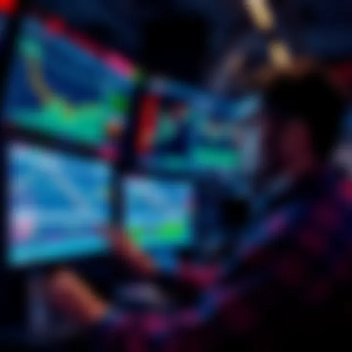 Trader analyzing Orderflow data A trader looking at screens with Orderflow charts and data, focused on risk management strategies.