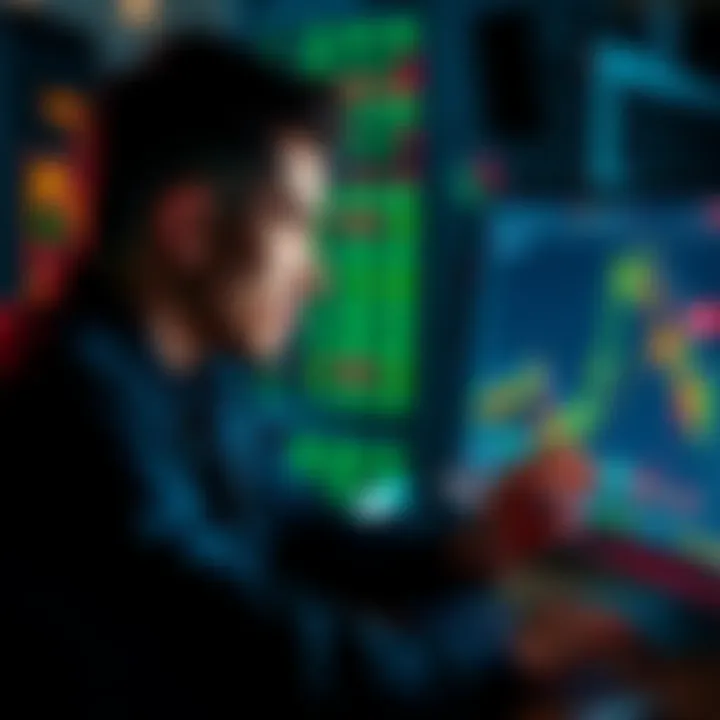 A trader studying a performance chart on a computer, contemplating public sharing of their results.