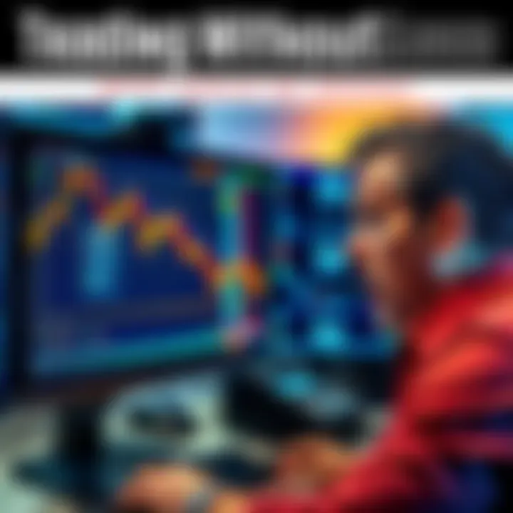 A trader looking shocked at a computer screen displaying declining stock prices without a stop loss set