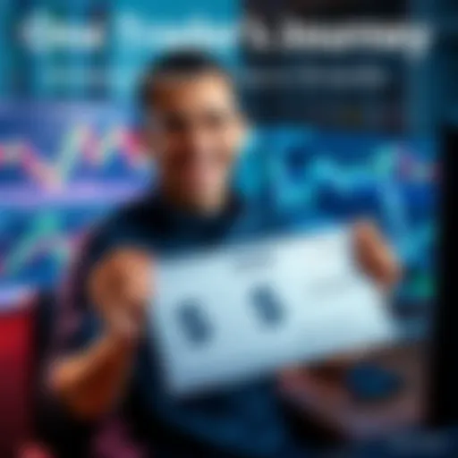 A trader smiling and holding a check with dollar signs, symbolizing trading success and earnings, in front of a computer with trading charts on the screen.