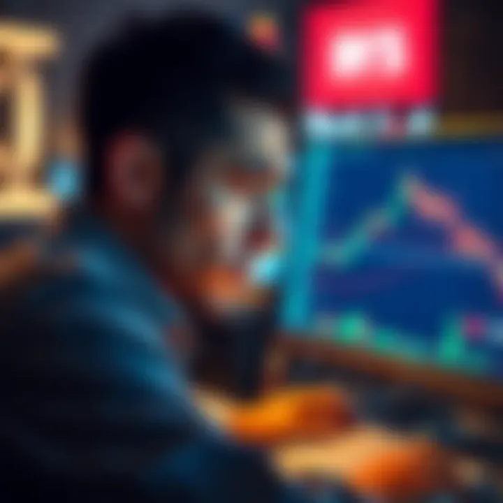 A trader with a distressed expression, staring at a computer screen displaying a downtrend in Avax currency value, surrounded by financial charts and graphs.