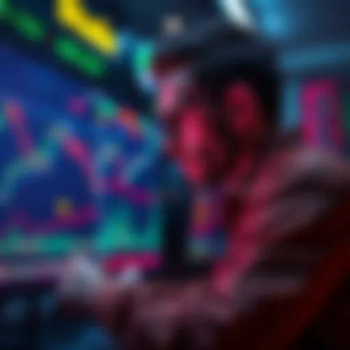 A novice trader looking at cryptocurrency charts with Bitcoin symbols on a screen, contemplating buy and sell decisions.