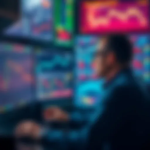 A trader looking at multiple screens displaying trading data and charts, contemplating strategies and decisions