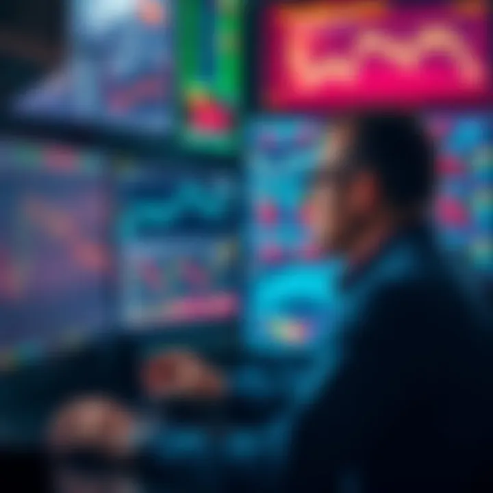 A trader looking at multiple screens displaying trading data and charts, contemplating strategies and decisions