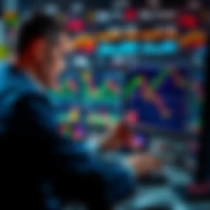 A trader looking at stock charts on a computer, focusing on downward trends and risk management strategies, with financial graphs displayed on the screen.