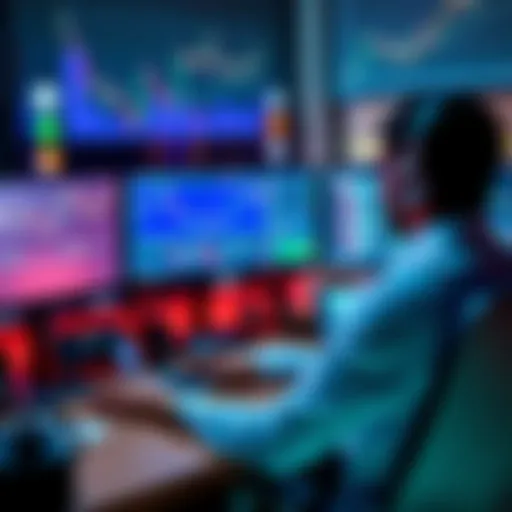 A trader sits at a desk with dual monitors displaying trading charts and automation software. They are focused on their work, showcasing a blend of intuition and technology for trading success.