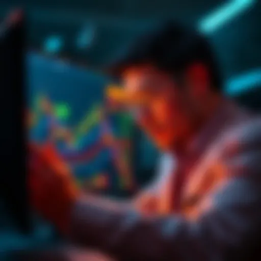 A trader focuses on Bitcoin price charts with emotional expressions, reflecting on market trends and decision-making.