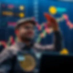 A trader confidently opens an $84 million long position in Bitcoin, showcasing market optimism with a backdrop of rising charts and Bitcoin symbols.