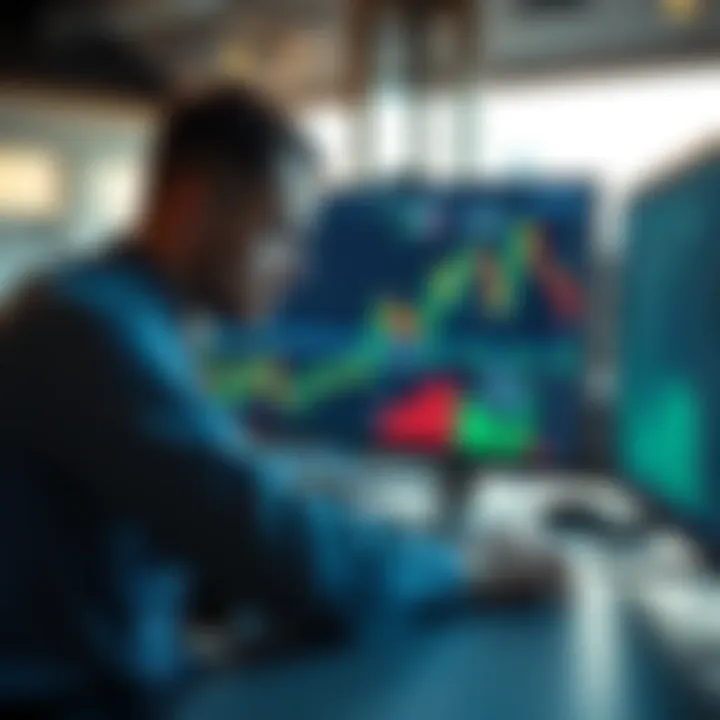 A trader analyzing charts on a computer screen, reflecting on six years of cryptocurrency trading, with graphs showing a bull market trend.