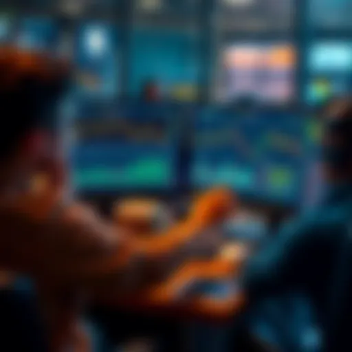 A trader analyzing charts and data from Bybit and Binance on dual monitors, focused on mid-cap assets.