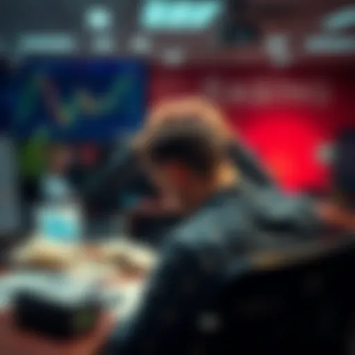 A trader sits at a desk with hands on their head, surrounded by charts and financial documents, showing signs of stress and reflection.