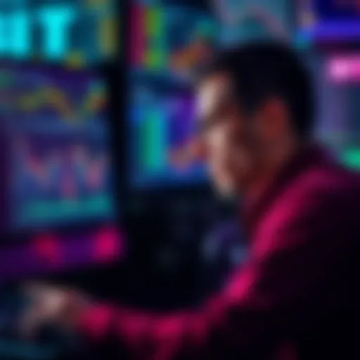 A worried trader looks at a computer screen displaying falling crypto prices, showing uncertainty about whether to sell or hold their investments, reflecting the emotional turmoil of the market.