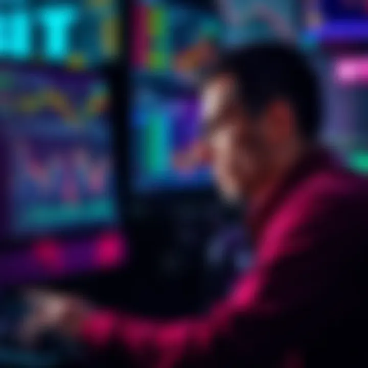 Trader contemplating investment decisions A worried trader looks at a computer screen displaying falling crypto prices, showing uncertainty about whether to sell or hold their investments, reflecting the emotional turmoil of the market.