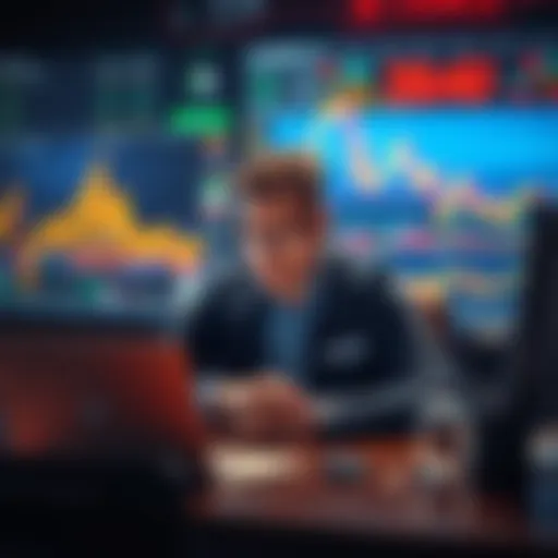 A trader contemplating his choices with a laptop and financial charts in front of him, reflecting on HODL, selling, or buying the dip.