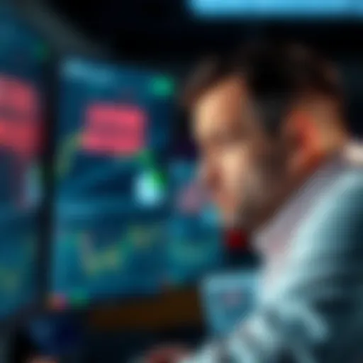 A trader looks stressed while staring at a computer screen, showing a locked account message, indicating a two-week lockout