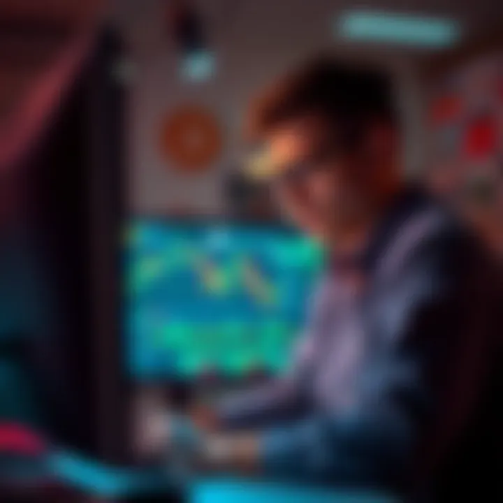 A trader looking stressed while checking cryptocurrency charts on a computer, representing the loss of 3,000 euros.