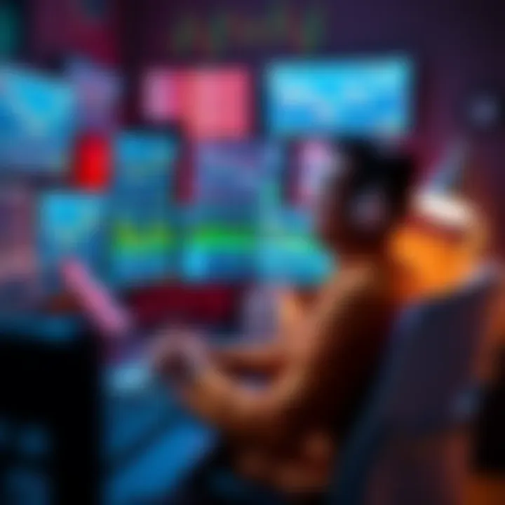 A trader sitting at a desk in a home office, focused on multiple computer screens displaying trading graphs and charts, looking satisfied with their work.