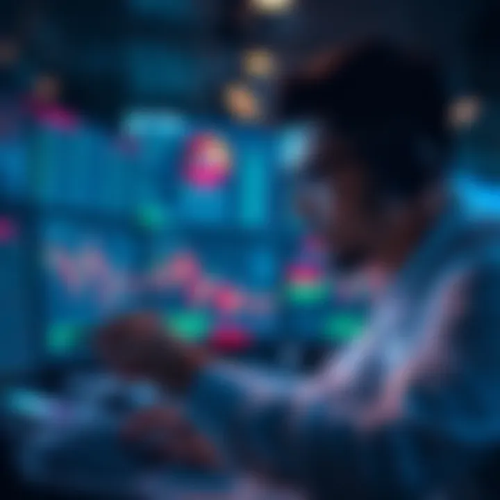 A trader looking at charts and data on a computer screen, representing the challenges of trading KAS with leverage.