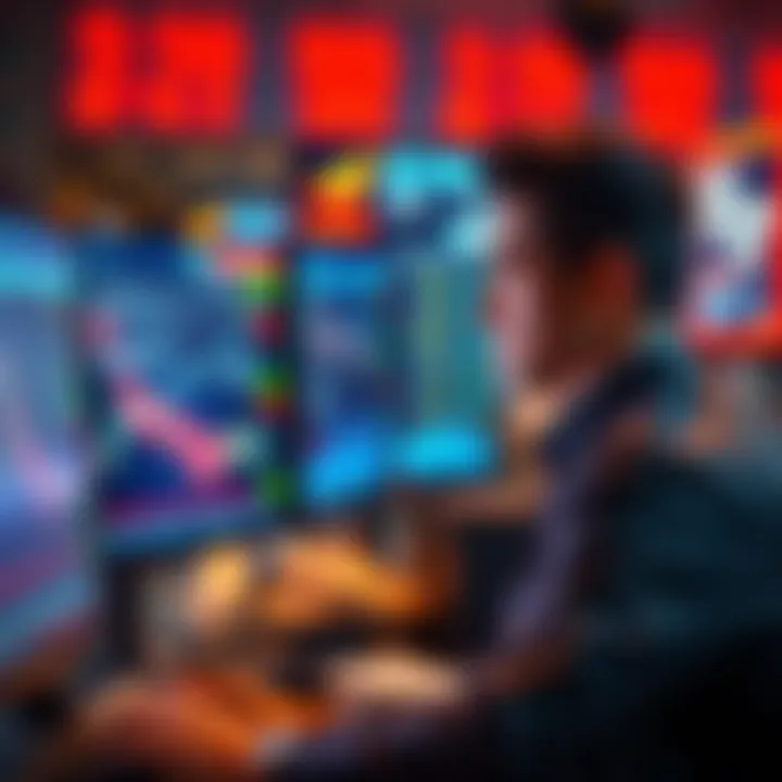 A distressed trader stares at a screen showing falling stock prices, reflecting on losses from using leverage.