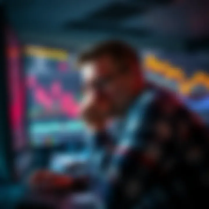 A trader looks stressed and defeated, sitting in front of a computer displaying charts with declining values of memecoins