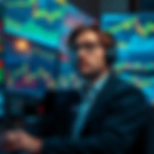 A trader looks stressed while watching market graphs on multiple screens, highlighting their struggle with discipline in trades.