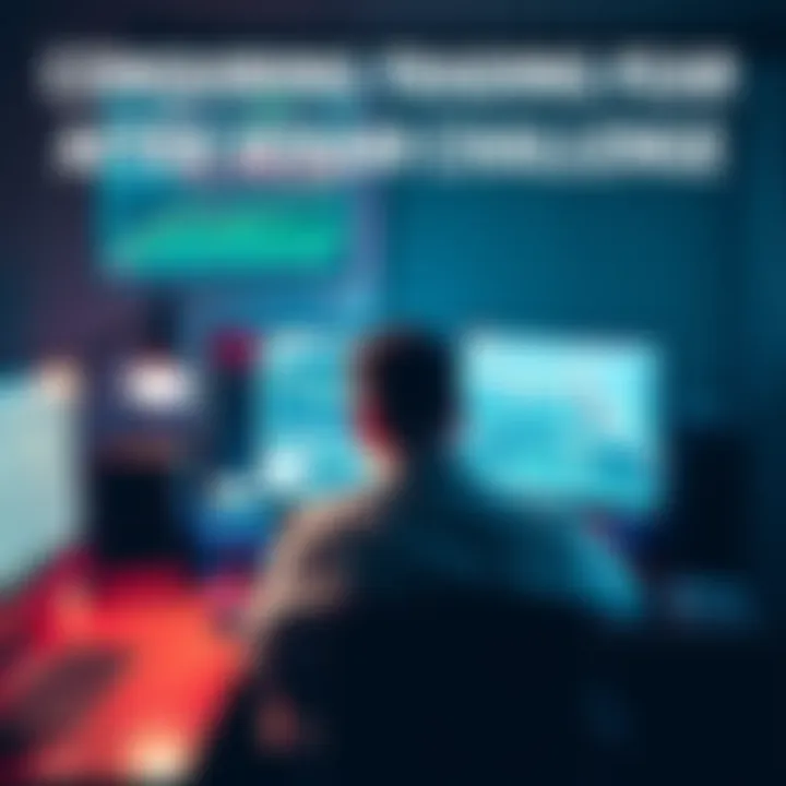 A trader sitting at a desk, looking at multiple screens with market charts, displaying both anxiety and determination to take action after passing a challenge.