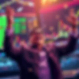 A trader celebrating after making a profit from bets on Elon Musk's tweets, surrounded by charts and dollar signs.