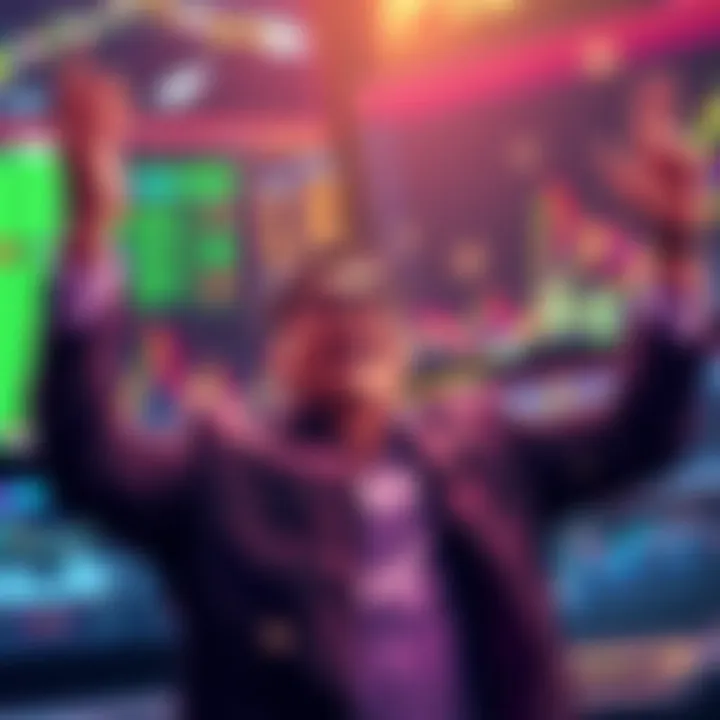 A trader celebrating after making a profit from bets on Elon Musk's tweets, surrounded by charts and dollar signs.