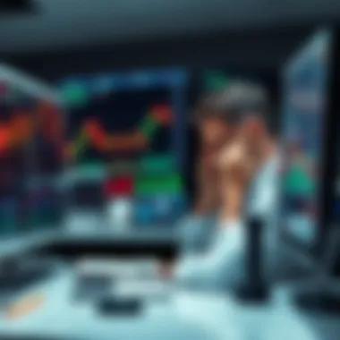 A trader sitting at a desk, looking frustrated while viewing stock charts on a computer screen, symbolizing emotional struggles in trading decisions