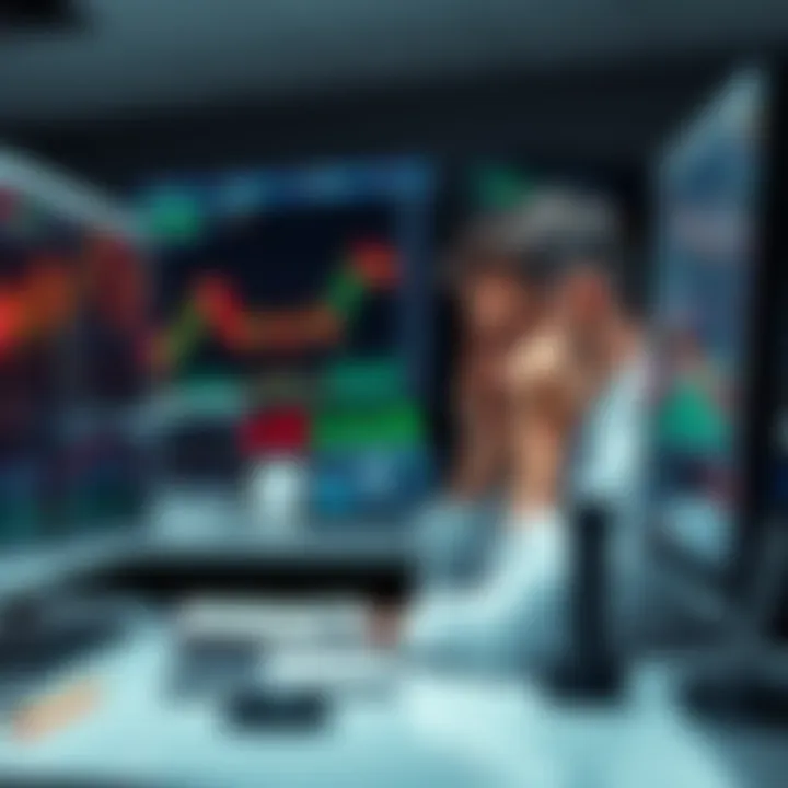 A trader sitting at a desk, looking frustrated while viewing stock charts on a computer screen, symbolizing emotional struggles in trading decisions