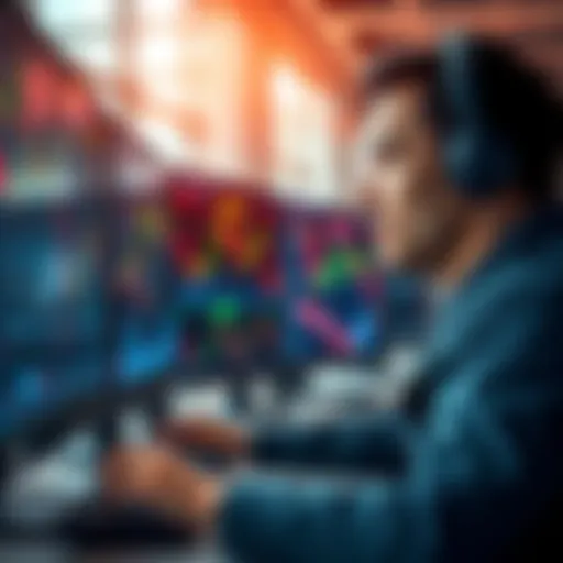 A trader viewing stock charts on a computer with a thoughtful expression, reflecting on profits and missed opportunities.